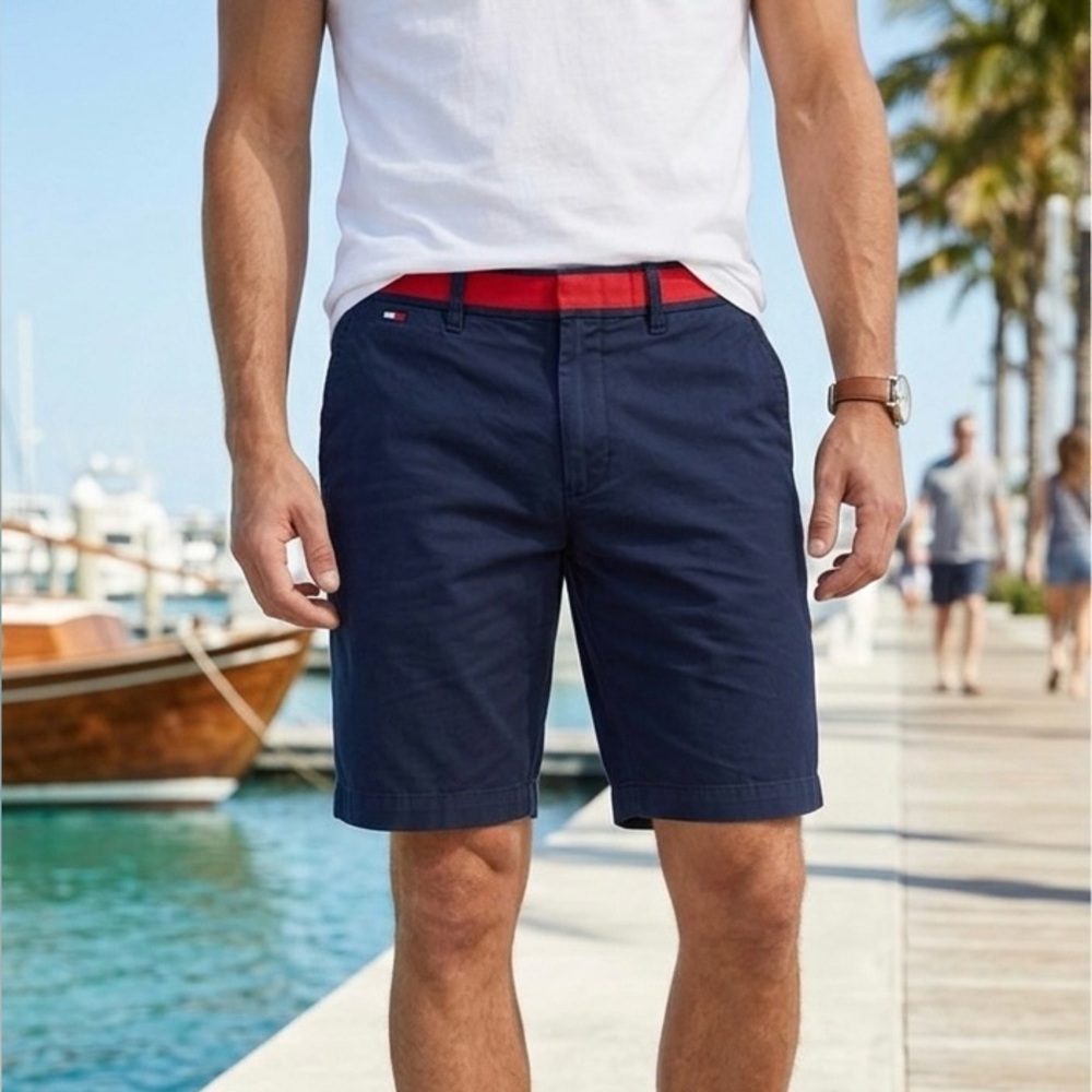TOMMY HILFIGER  Dark Blue Men's Shorts with Red Accents. Size 31